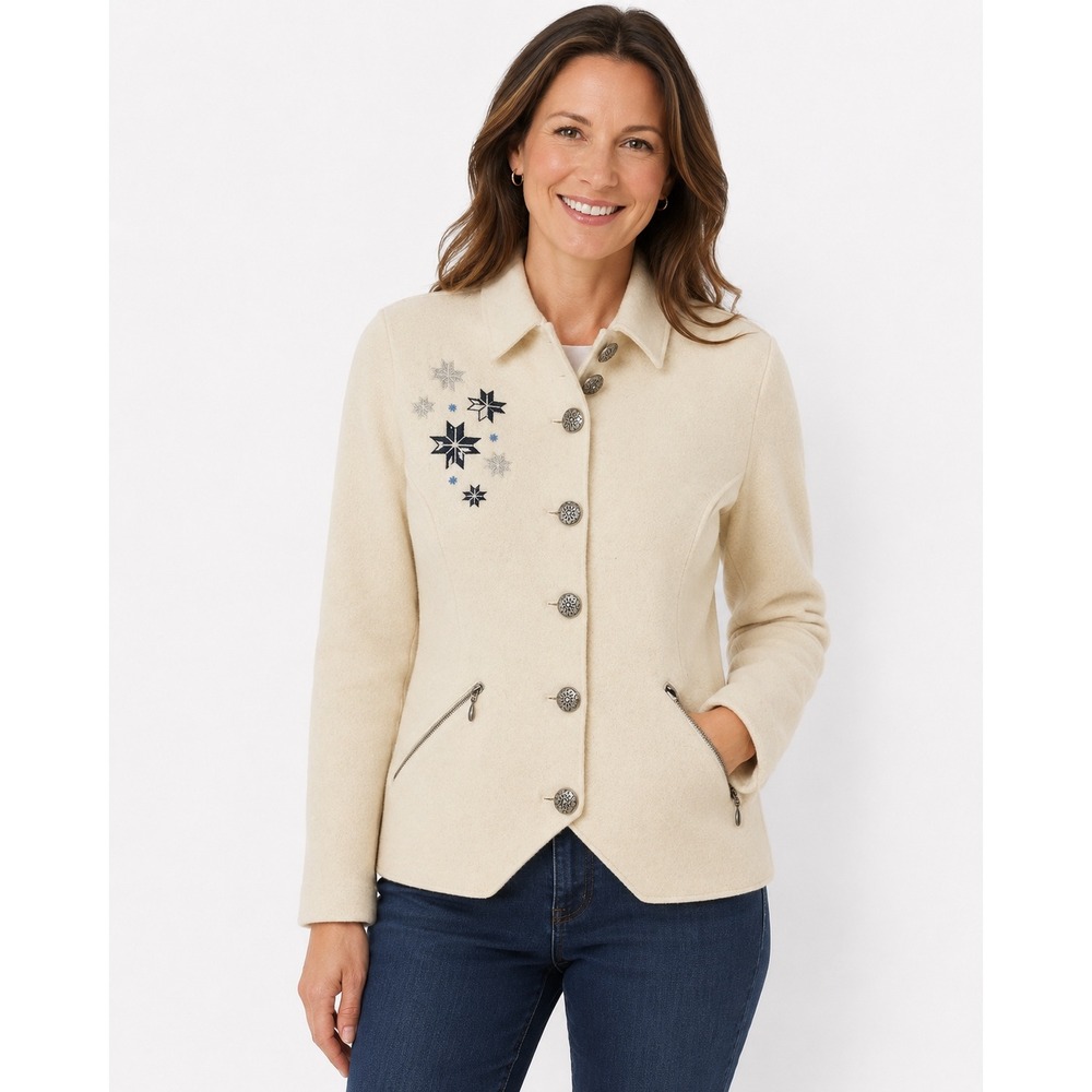 Norlender Norwegian Wool Blend Jacket Cream Snowflake Embroidery Pewter Button S